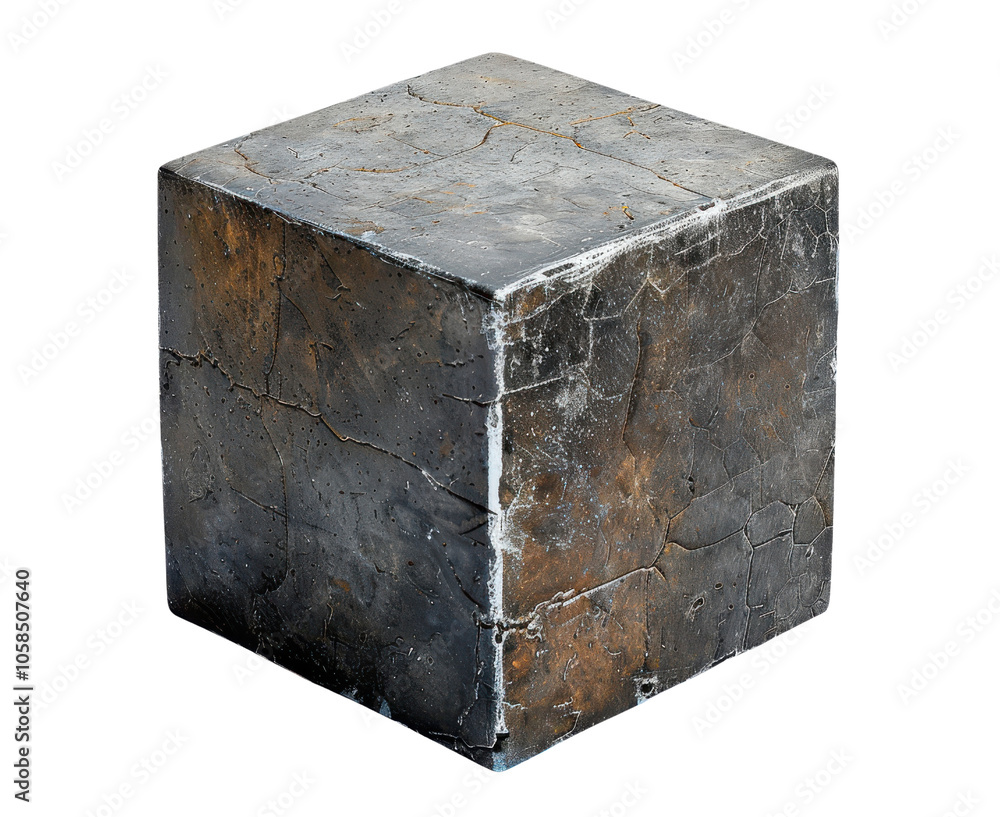 Poster abstract metallic cube with weathered textures on a white isolated background.