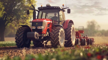 Obraz premium Red Tractor in a Field: Agricultural Machinery at Work