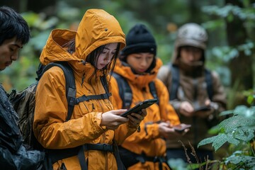 Fototapeta premium Young Friends Exploring Nature Together in Vibrant Rain Gear Amidst Digital Disconnection