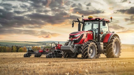 Obraz premium Powerful Red Tractor in a Golden Hour Field