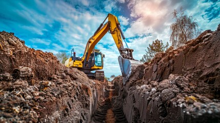 Excavator Digging a Trench at a Construction Site