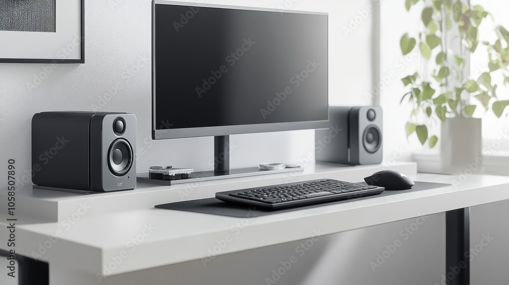 Poster a modern computer desk setup featuring a sleek monitor, speakers, and a keyboard, complemented by a 