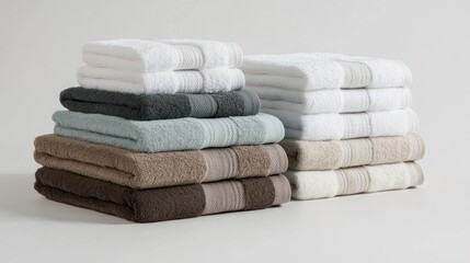 Variety of towels displayed on a white background, highlighting different styles and colors of towels. This composition of towels includes ample copy space for versatile use.