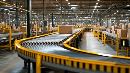 Fototapeta premium A modern warehouse features a curving conveyor belt, efficiently transporting packages in a spacious industrial environment.