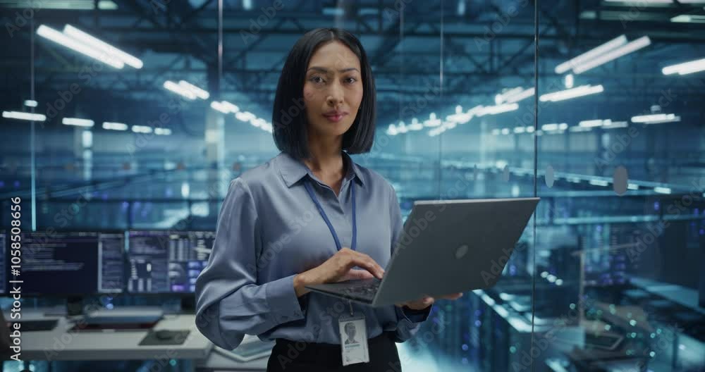 Poster asian female information technology engineer working on a laptop computer in a modern data center fa