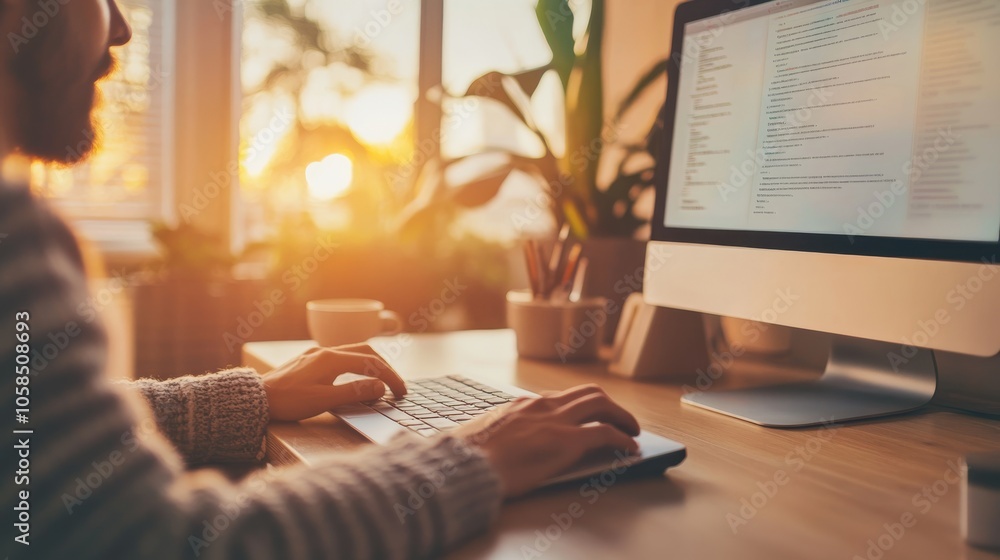 Poster a person types on a keyboard, illuminated by sunset through large windows, with plants in the backgr