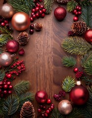 Obraz premium A variety of different types of christmas ornaments and pine, including redberries arranged on a wooden board with copy space in the center