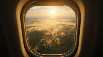 飛行機の窓からの霧の森の日の出