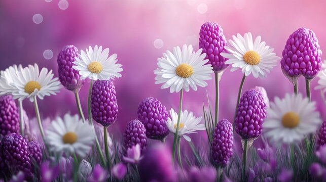 Spring background filled with blooming daisies and Pushkinia onions. A vibrant spring blossom scene captures the essence of natures renewal in a shallow depth of field. Copy space available.