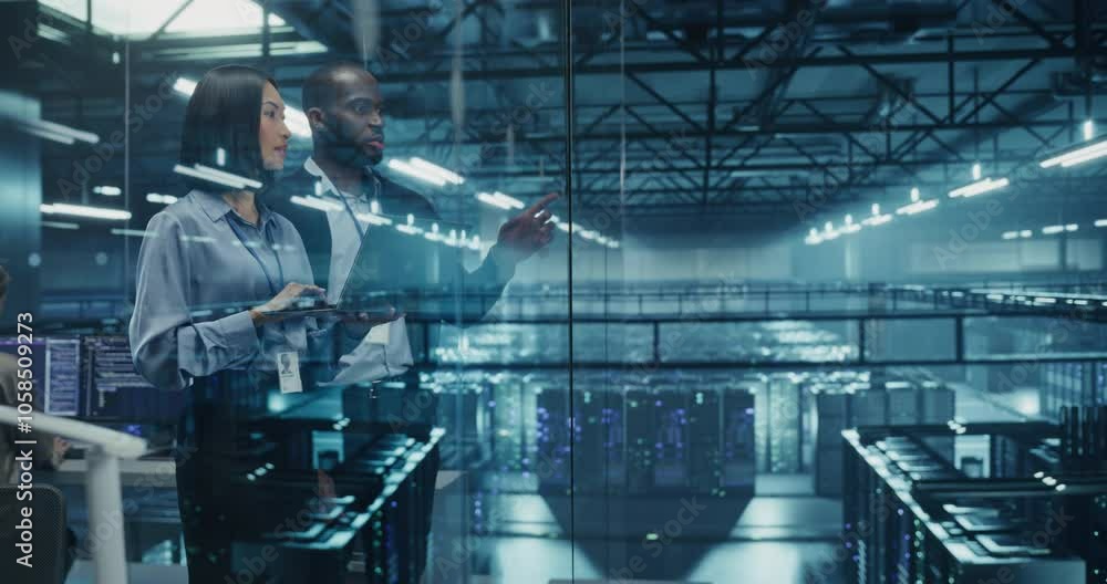 Poster african male cloud security engineer and asian female it manager work side by side on a laptop in a 