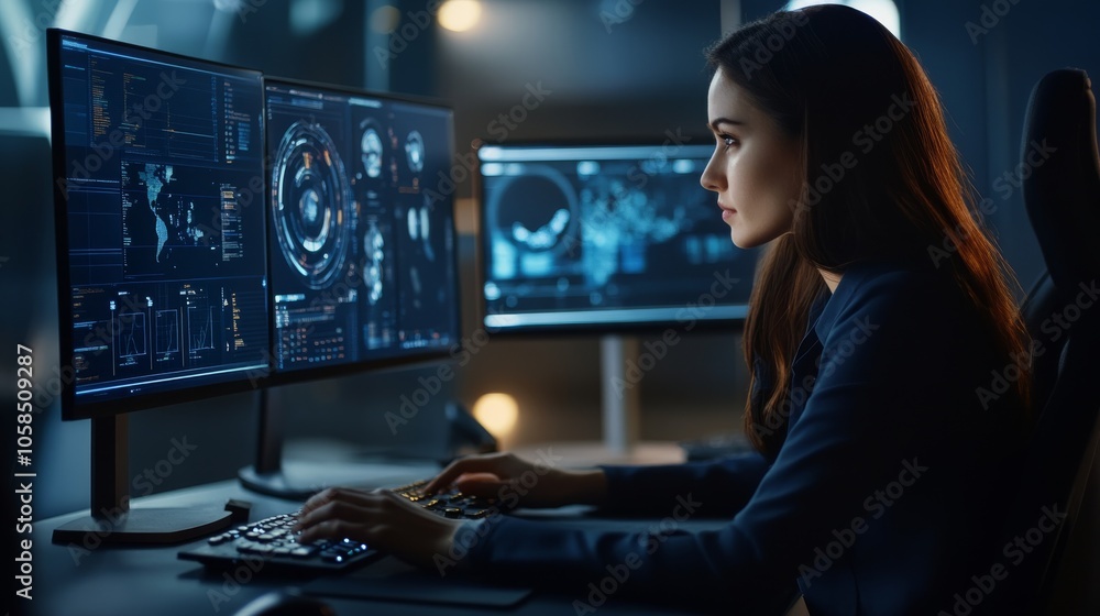 Poster a focused woman works on advanced computer screens displaying data and graphics in a dimly lit, high