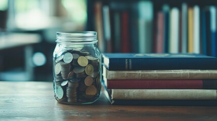 2410 19.A close-up of a glass jar filled with coins, placed beside academic books on a wooden surface. The jar symbolizes a savings fund for studying abroad, representing the financial planning