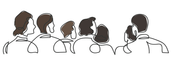Hand drawn line art vector of a group of people from rear view.