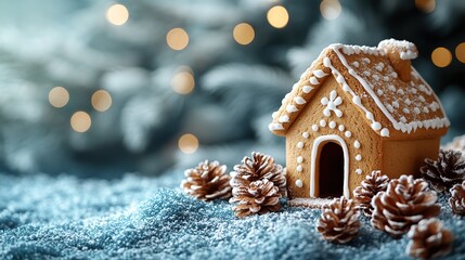Gingerbread house decorated against snowy blue blurred background, representing sweet cookies for winter holidays, with Christmas and New Year greeting card template and copy space