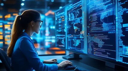 Woman Coding on Computer Soft Pastel Background for Graphic Design Templates