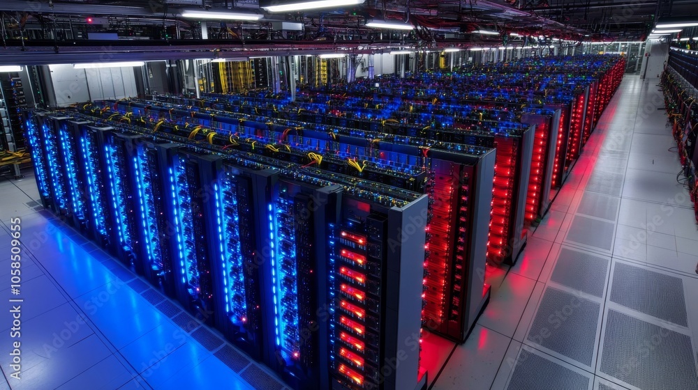 Poster a high-tech server room featuring rows of servers with vibrant blue and red lights, indicating activ