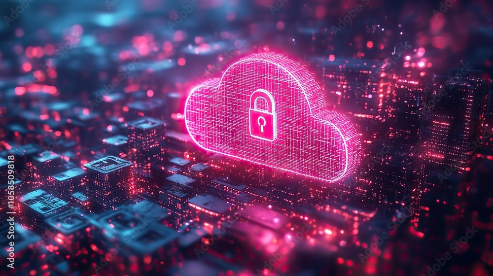 Poster glowing digital cloud with padlock icon floating in neon light, representing cyber security