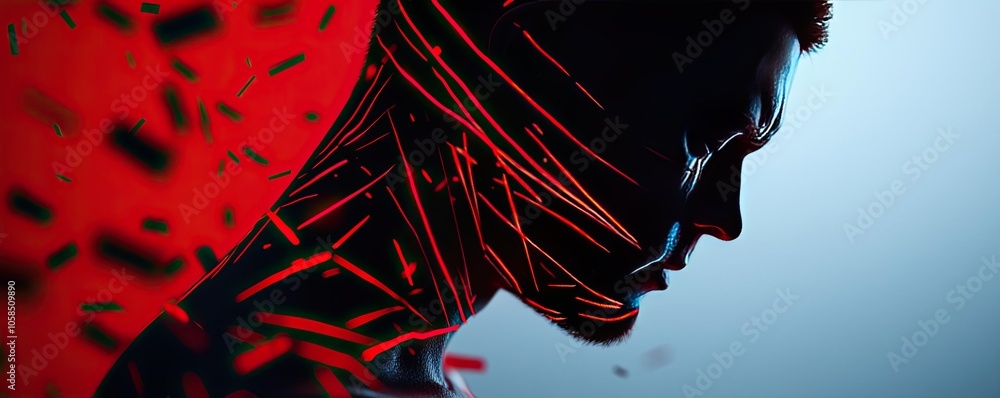 Poster abstract representation of emotions with red lines on a dark silhouette.