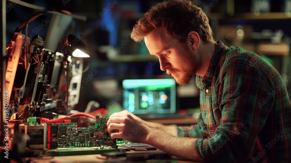 Poster a focused individual works on a circuit board, illuminated by a desk lamp, with computers and equipm