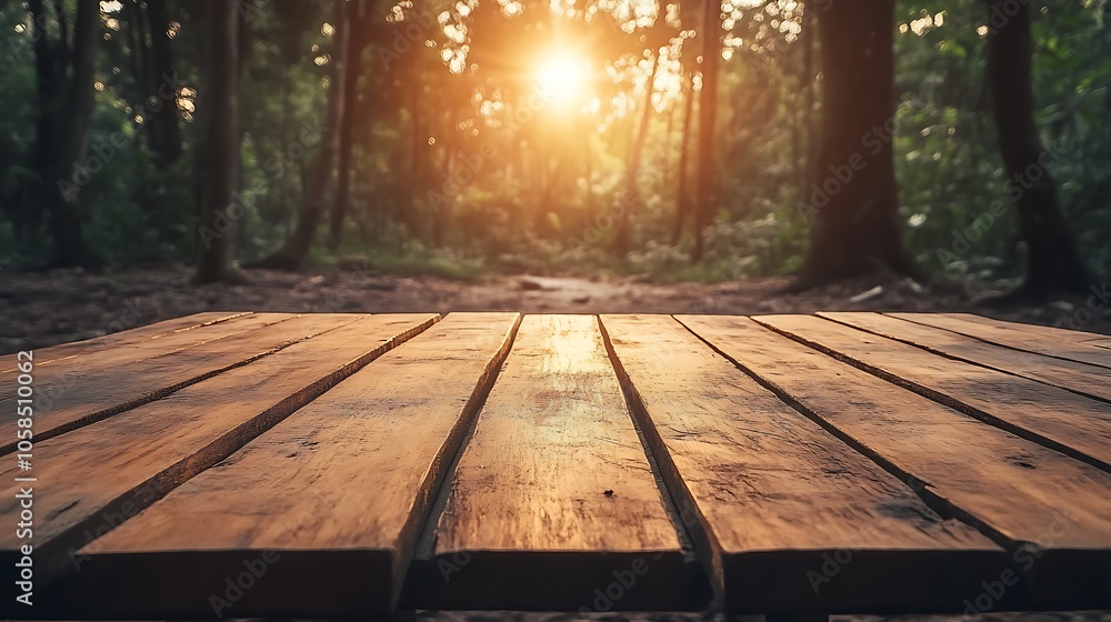 Aufkleber wooden table in forest for product display light gradient background with room for typography