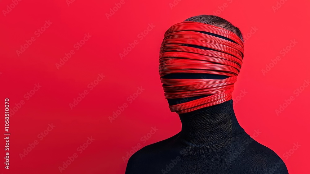 Poster abstract art representation of identity and concealment with red background.