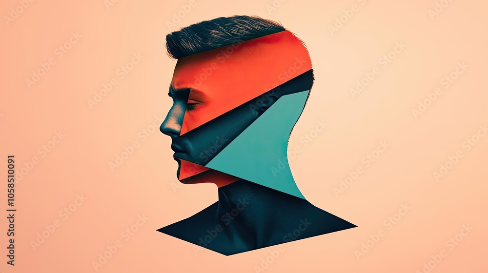 Poster abstract portrait with geometric shapes representing thought and identity.