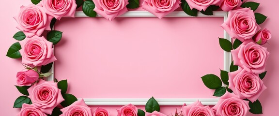 Elegant pink rose frame on soft pink background for romantic designs