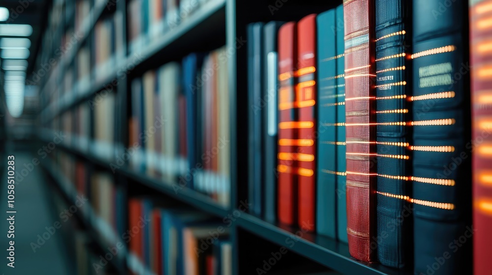 Poster close-up view of colorful books on a shelf in a library.