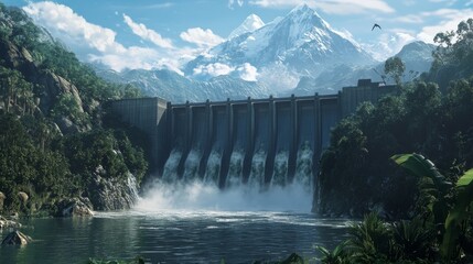 A breathtaking dam surrounded by lush greenery and majestic mountains under a bright blue sky, symbolizing nature's power and engineering marvel.
