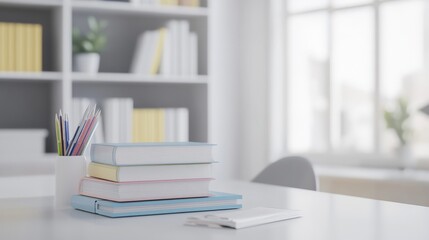 2410 80.A neat arrangement of books and stationery on a white table, with the background blurred to show a quiet study room. The focus is on the clean and minimal surface, providing ample space for