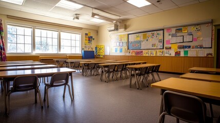 2410 57.A quiet elementary classroom with chairs pushed under each desk, the room absent of students due to the holiday break. The classroom is brightly lit, with a soft focus on the wooden desks and