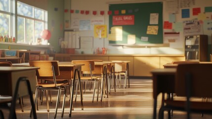 2410 57.A quiet elementary classroom with chairs pushed under each desk, the room absent of students due to the holiday break. The classroom is brightly lit, with a soft focus on the wooden desks and
