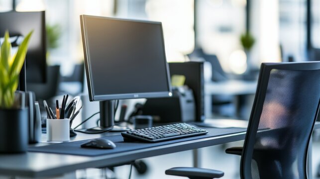 A modern office workspace featuring a computer setup, stylish chair, and greenery, creating a productive and inviting atmosphere.