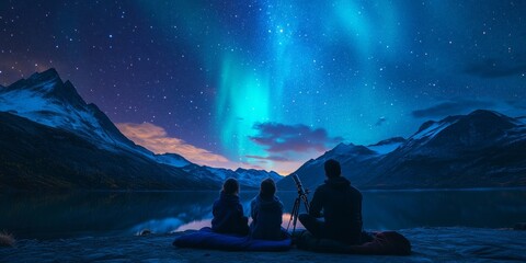 Stargazing Family Under Aurora and Meteors Perfect for Christmas and New Years Eve Celebrations