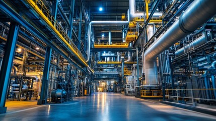 Fototapeta premium A vast industrial facility with intricate piping and storage units, illuminated by blue lighting, showcasing an advanced manufacturing environment.
