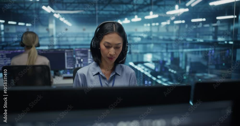 Poster wearing headphones and taking a call, an asian female it specialist focuses on her computer in the d