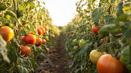 Abundant tomatoes await harvest, illustrating the bounty of a bumper crop. This photo captures the vibrant tomatoes with ample copy space for your needs.