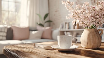 2410 94.A wooden tabletop featuring a coffee cup, neatly arranged books, and a vase with flowers, with the soft blur of a Scandinavian-inspired living room in the background. The clean and natural