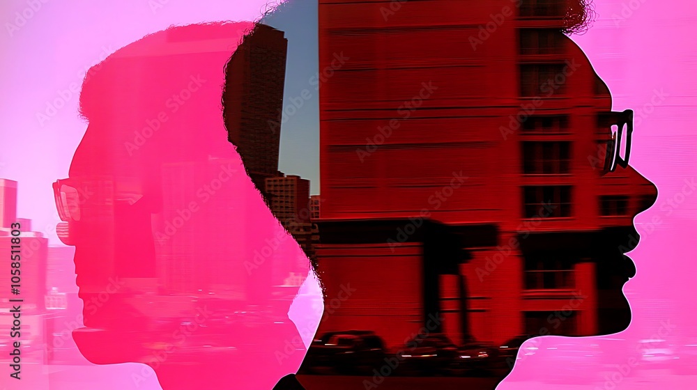 Poster silhouettes of two people reflected in a window smooth blue background with copy space for advertise