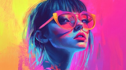 Fototapeta premium Vibrant Portrait of Woman with Colorful Sunglasses and Neon Glow