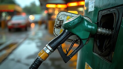 Fototapeta premium Green biofuel gas pump refueling vehicle, showcasing eco-friendly technology