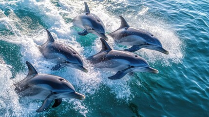 Naklejka premium Overhead view captures a pod of dolphins swimming through the water. The playful dolphin adds a fun element, perfect for a background or banner design with ample copy space.