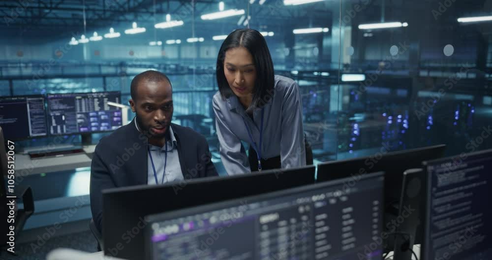 Poster Black Male and Asian Female Engineer Collaborate on a Project in a Modern Data Center Office. Specialists Analyzing Complex Systems on Multiple Screens to Improve Cybersecurity and Performance