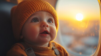 Baby gazing out airplane window at sunset, warm expression, travel adventure.
