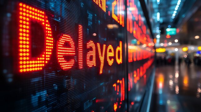 Airport screen showing delayed flight status, illuminated letters on display.