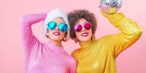 Retro Festive Glam Friends in Glittery 90s Disco Outfits with Mirrored Disco Balls