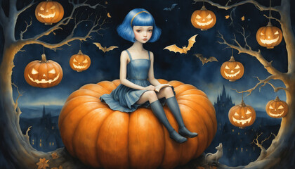 Mysterious Girl on Giant Pumpkin with Halloween Lanterns