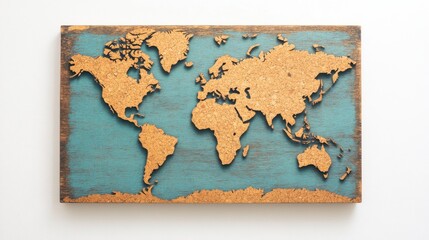 Cork World Map on Blue Wooden Background. DIY Cricut Corkboard Travel Map