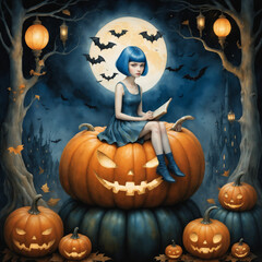 Mysterious Girl on Giant Pumpkin with Halloween Lanterns