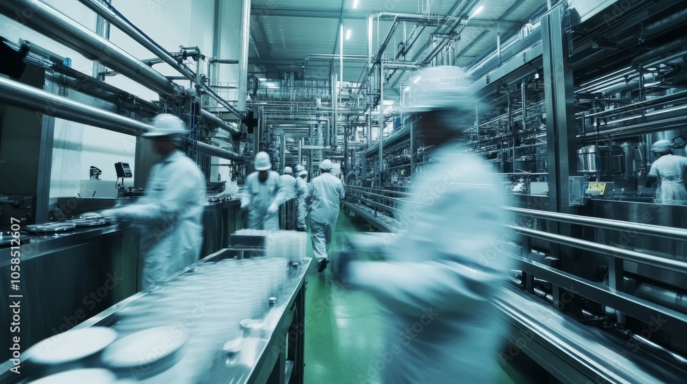 Poster a busy industrial setting showcasing workers in white uniforms operating machinery within a large pr